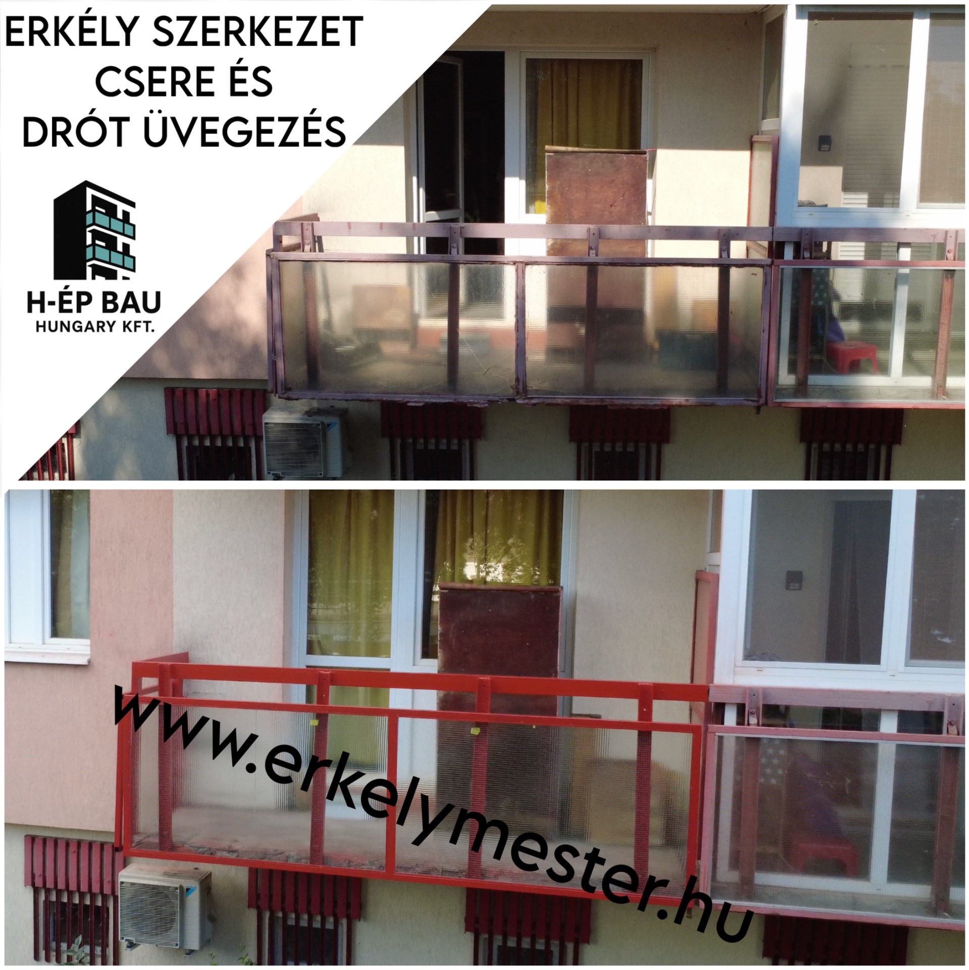 Erkély szerkezet csere és drót üvegezés Budapest XIX. kerületében
