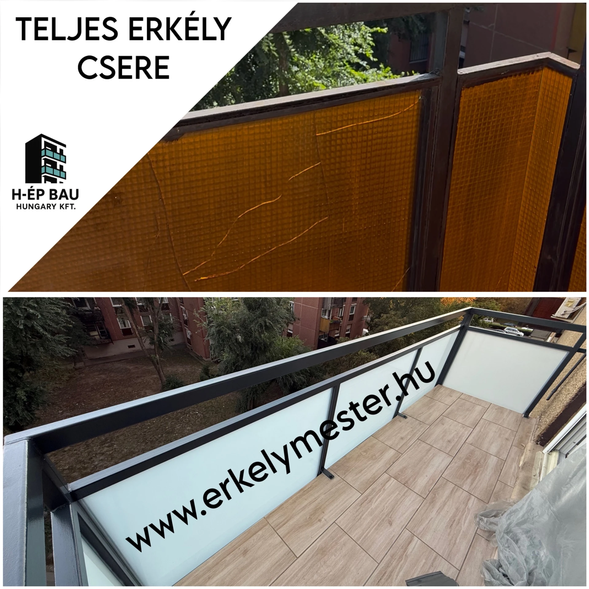 Felújított erkély új korláttal, növényekkel