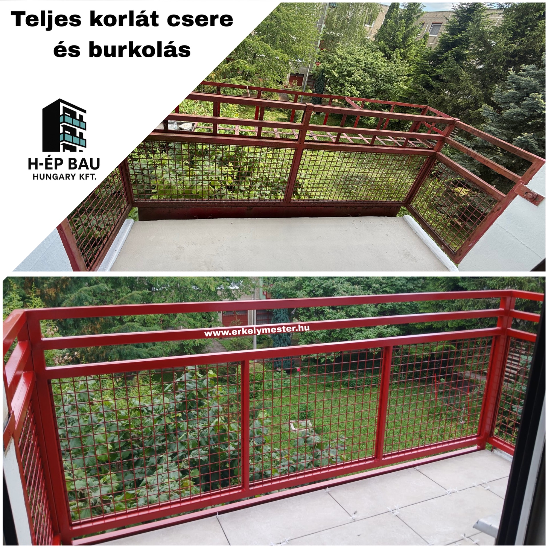 Erkély korlát csere, burkolás és előtető telepítés Budapest III.kerületében